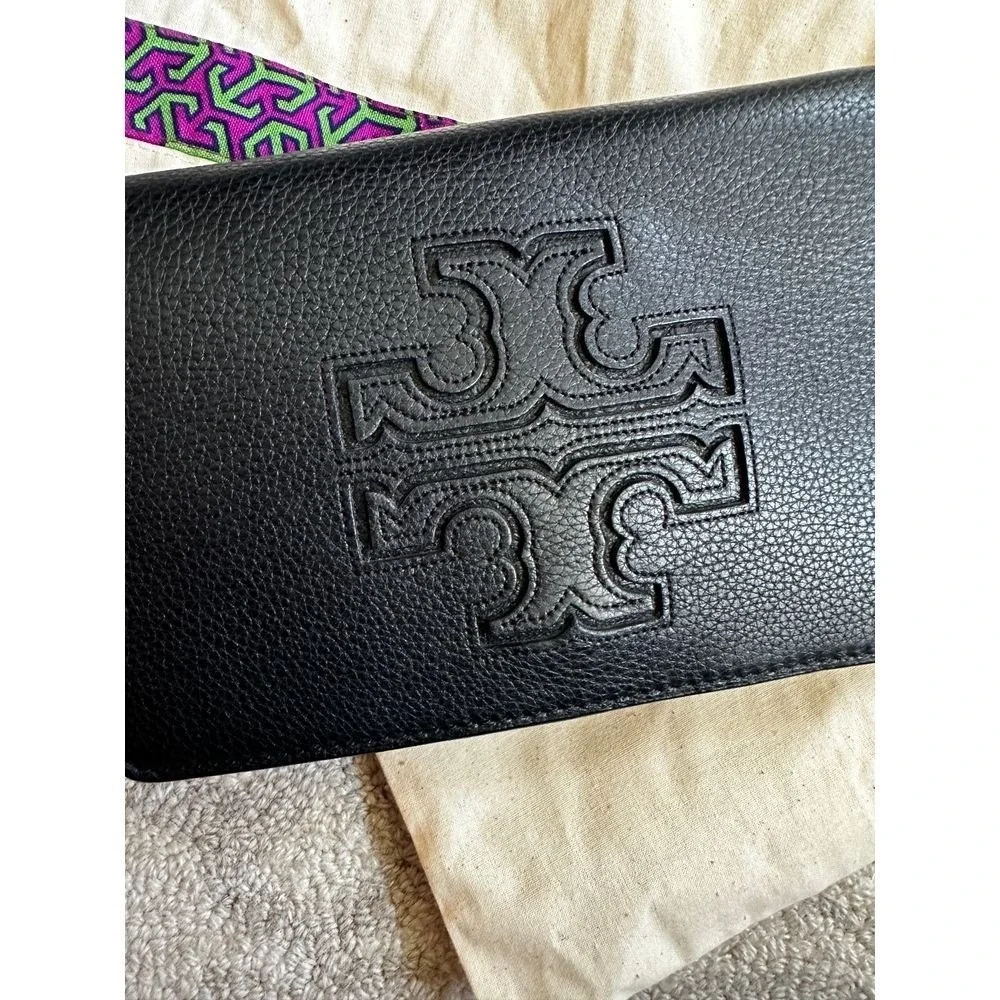 Tory Burch Miller Wallet Crossbody Bag Black Pebbled Leather Gold Hardware Logo